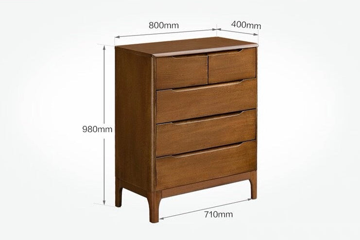 A wooden five-drawer chest of drawers shown on a white background with dimension labels: 800mm width, 400mm depth, 980mm height, and 710mm leg width.