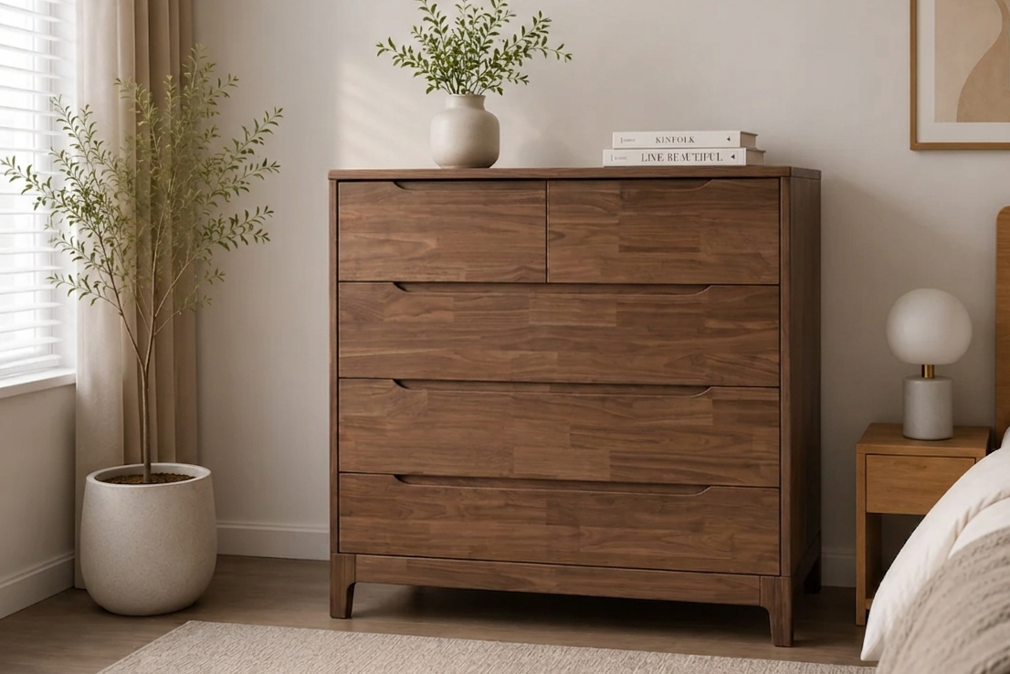 Wooden drawer in a bedroom with a bed, nightstand, and decorative items.