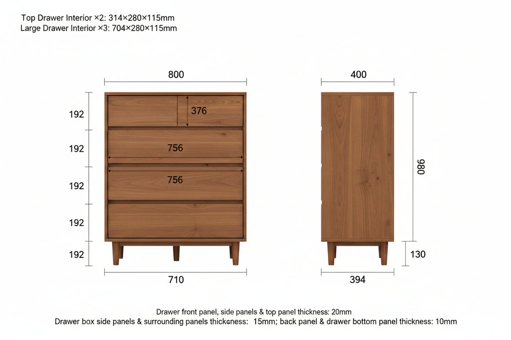 NORDWOOD Solid Wood 5 Drawer Tallboy - Natural Wood Color