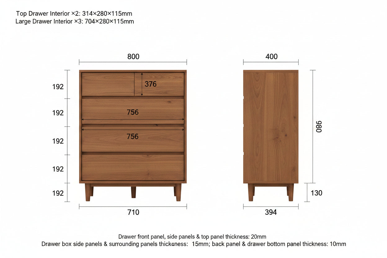 NORDWOOD Solid Wood 5 Drawer Tallboy - Natural Wood Color