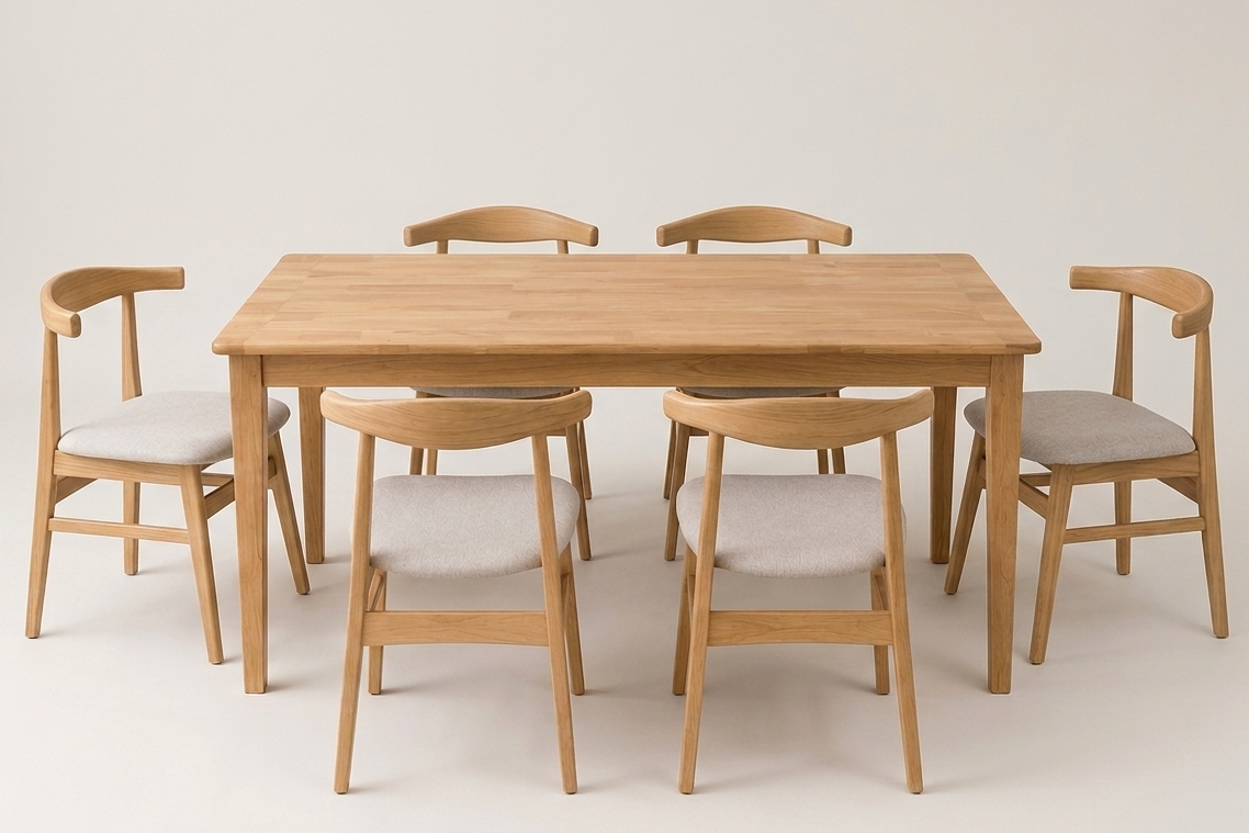 Wooden dining table with six matching chairs on a light background