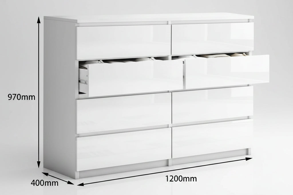 White high-gloss 8-drawer storage cabinet with dimension annotations showing 1200mm width, 970mm height, and 400mm depth on a white background.