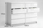 White high-gloss 8-drawer storage cabinet with dimension annotations showing 1200mm width, 970mm height, and 400mm depth on a white background.