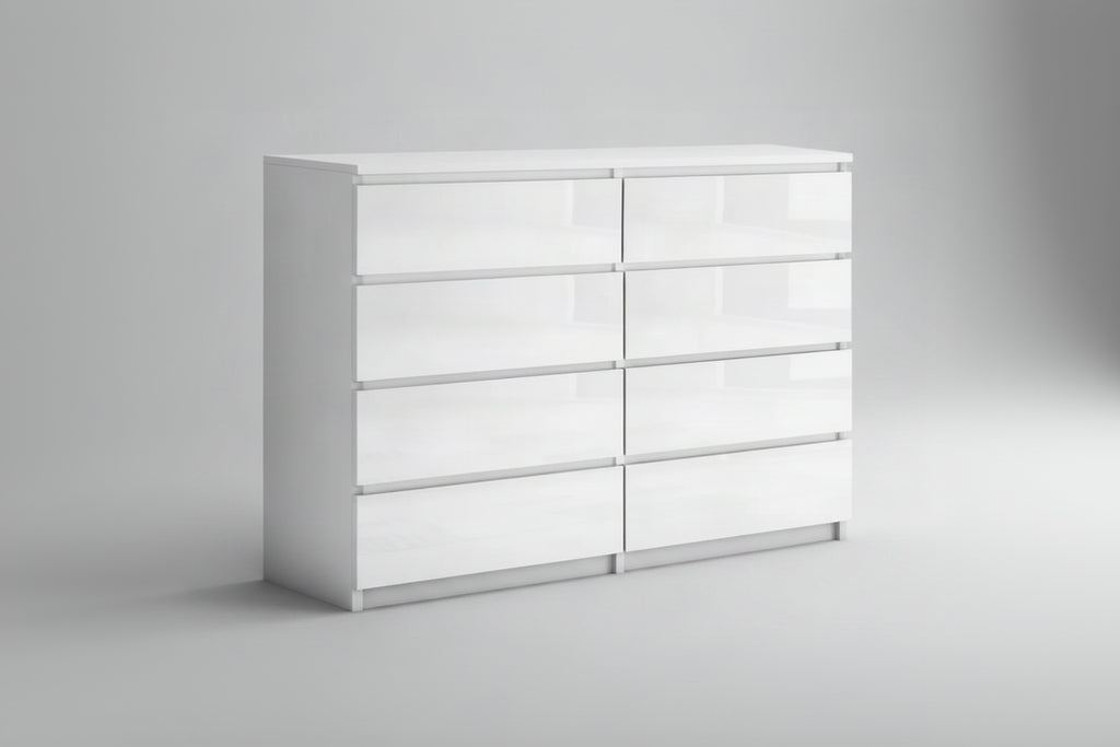 A modern eight-drawer dresser with a glossy white finish, featuring a minimalist design and integrated drawer fronts, shown on a plain white background.