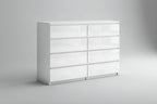 A modern eight-drawer dresser with a glossy white finish, featuring a minimalist design and integrated drawer fronts, shown on a plain white background.