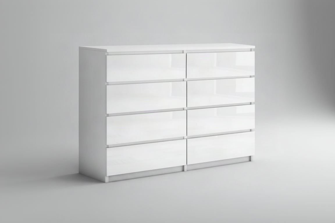A modern eight-drawer dresser with a glossy white finish, featuring a minimalist design and integrated drawer fronts, shown on a plain white background.