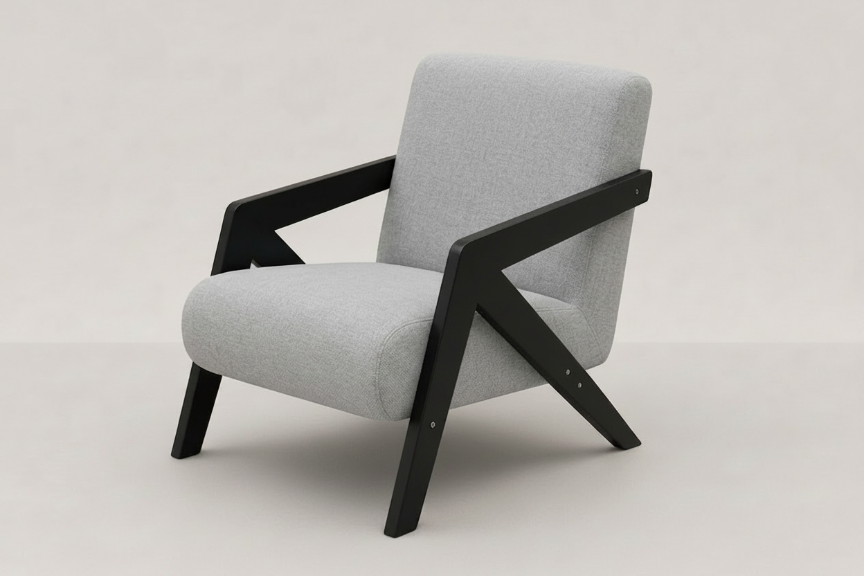 Gray armchair with black wooden frame on a light gray background