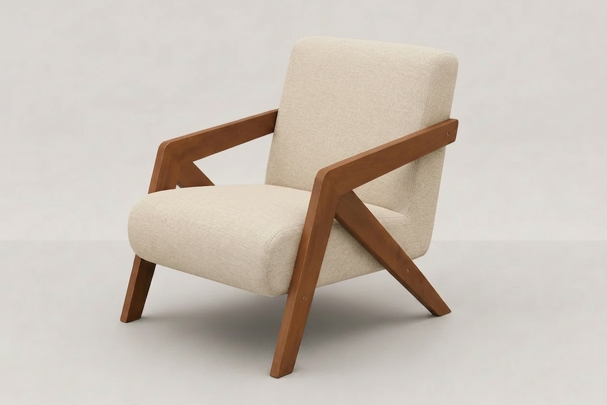 Beige armchair with wooden frame on a light gray background