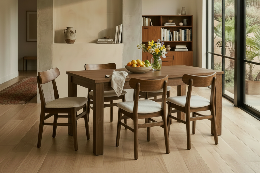 Dining room with wooden table and chairs near a large window.