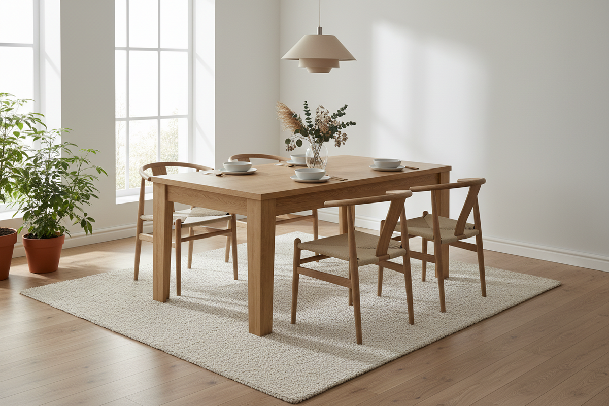 Oak dining table shown on a light gray background with dimension lines and text indicating 1800 mm length, 900 mm width, and 750 mm height. Small feature icons along the bottom mention oak finish, sturdy and durable, comfortable seats, and natural wood grain.