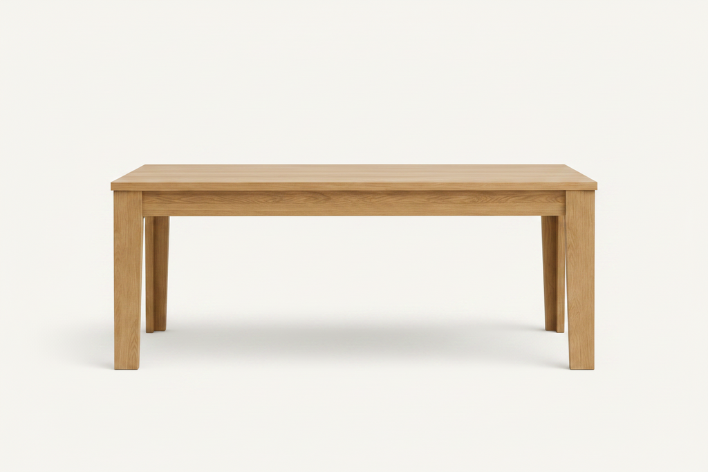 Oak dining table shown on a light gray background with dimension lines and text indicating 1800 mm length, 900 mm width, and 750 mm height. Small feature icons along the bottom mention oak finish, sturdy and durable, comfortable seats, and natural wood grain.