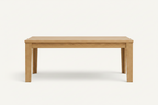 Oak dining table shown on a light gray background with dimension lines and text indicating 1800 mm length, 900 mm width, and 750 mm height. Small feature icons along the bottom mention oak finish, sturdy and durable, comfortable seats, and natural wood grain.