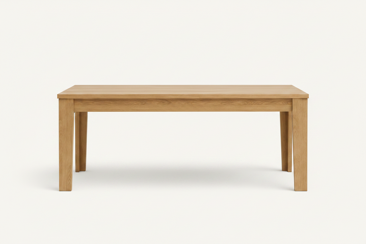 Oak dining table shown on a light gray background with dimension lines and text indicating 1800 mm length, 900 mm width, and 750 mm height. Small feature icons along the bottom mention oak finish, sturdy and durable, comfortable seats, and natural wood grain.