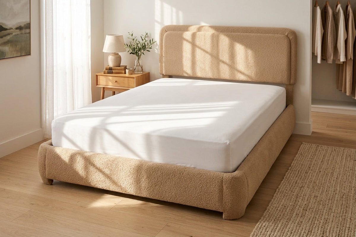 Polar Fleece Upholstered bed frame -Queen - Camel/Beige Color