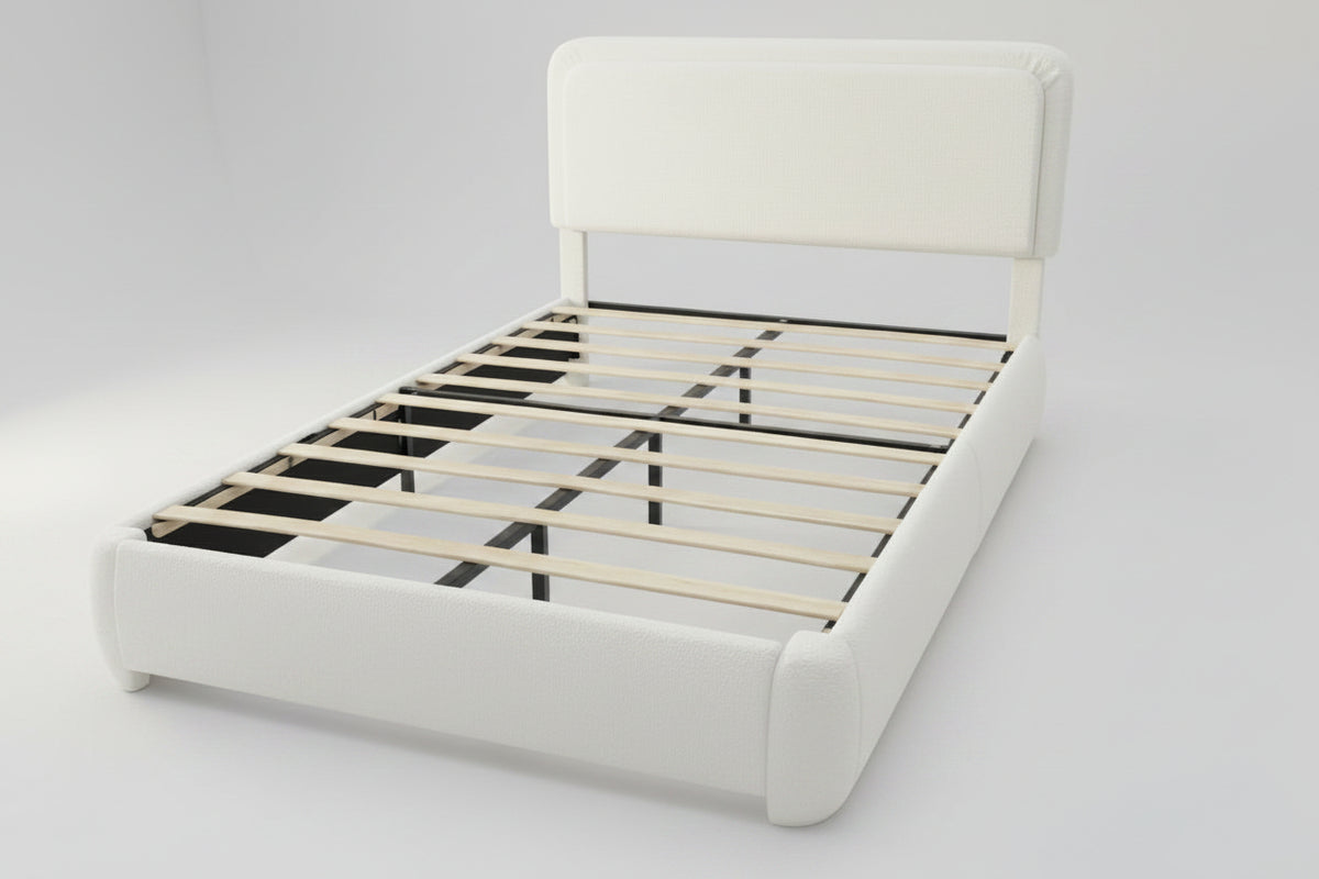 A modern upholstered bed frame with a light gray fabric headboard and footboard, supported by a black metal slatted base with light wood slats, shown on a white background.