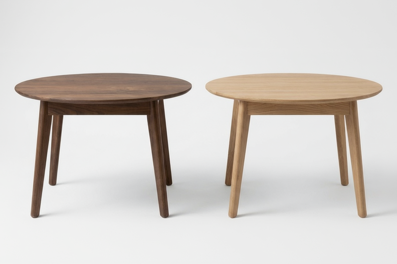 Two wooden side tables on a white background