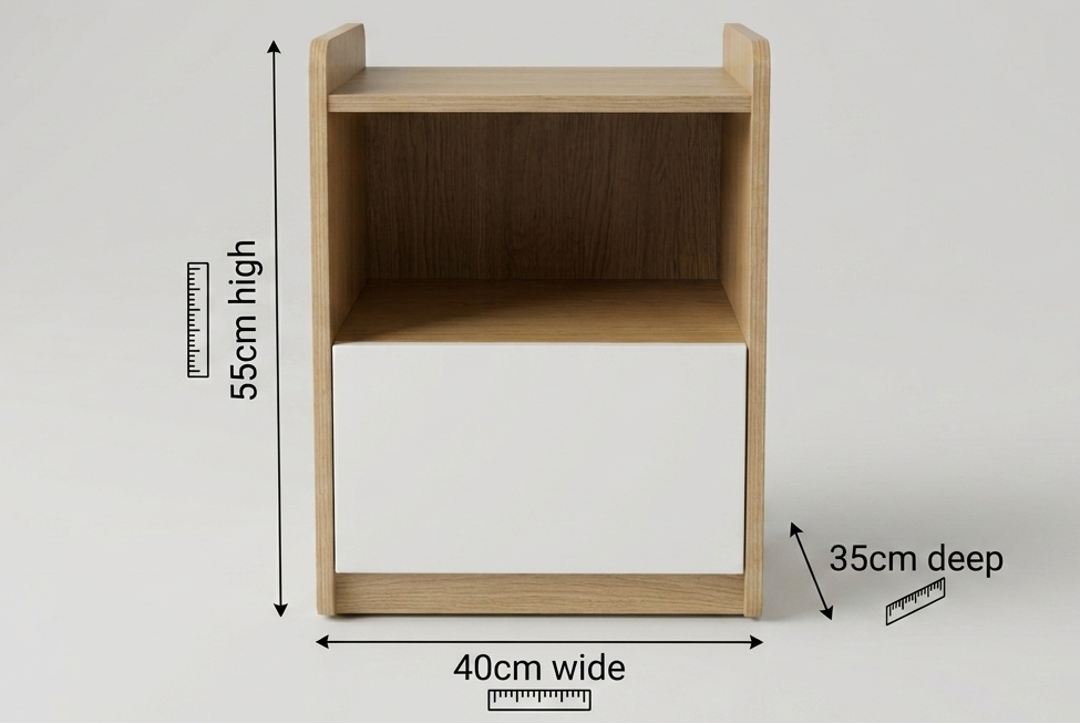 A small wooden storage cabinet or shelf unit with one white drawer front, shown on a light gray background with dimension labels indicating 55 cm high, 40 cm wide, and 35 cm deep.