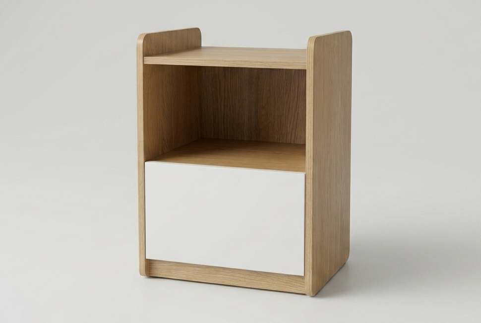 A modern two-tier wooden shelf cabinet with a light oak finish and a white drawer front on the lower level, shown against a neutral light gray background.