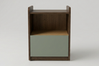 A modern two-tone wooden storage cabinet with a dark brown wood frame, a light natural wood interior shelf, and a muted sage green front panel, shown on a neutral light gray background.