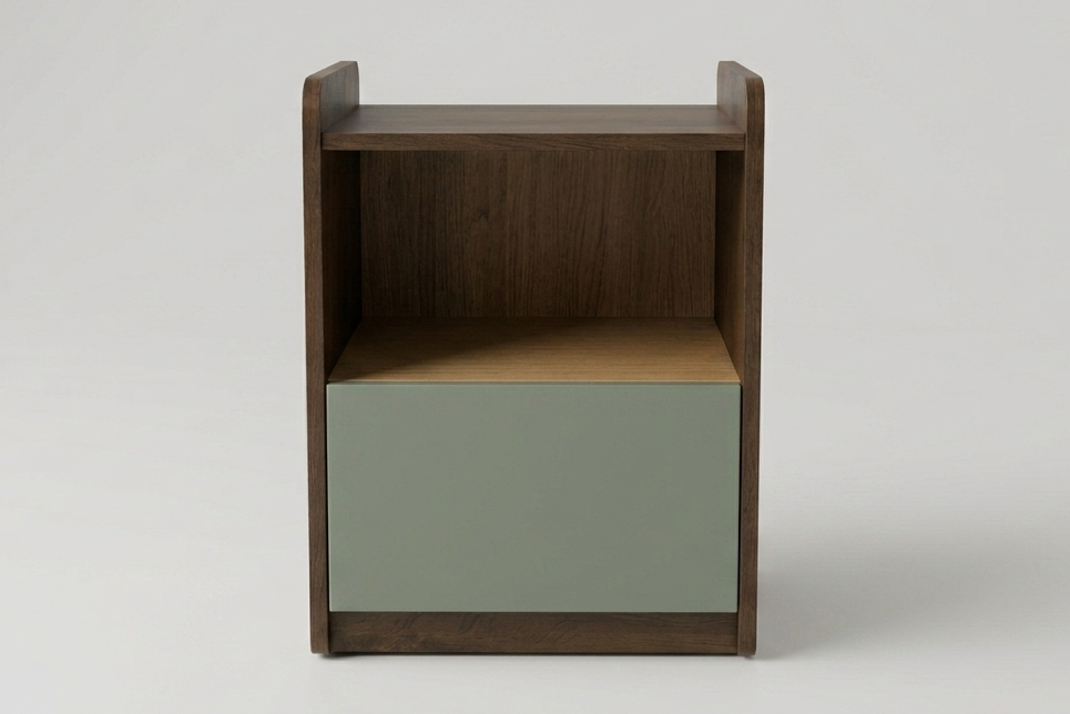 A modern two-tone wooden storage cabinet with a dark brown wood frame, a light natural wood interior shelf, and a muted sage green front panel, shown on a neutral light gray background.