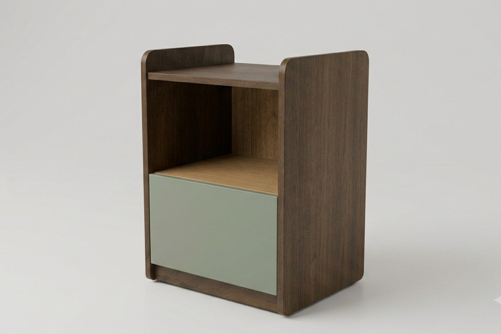 A modern wooden side cabinet with a dark walnut finish, featuring a light wood shelf and a sage green front panel, shown on a neutral light gray background.