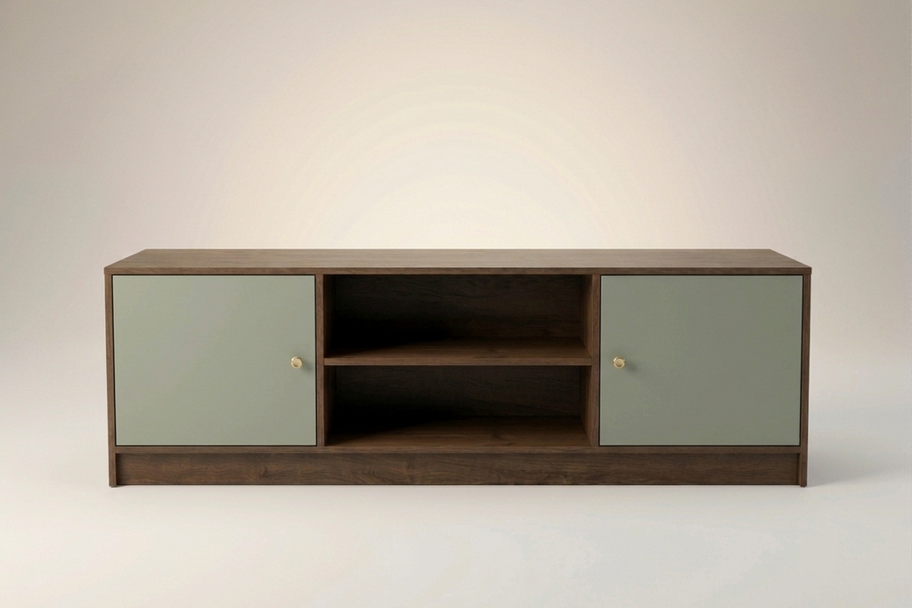 A modern media console cabinet with a dark brown wood frame and two matte sage green doors, featuring small brass knobs and an open center shelf.