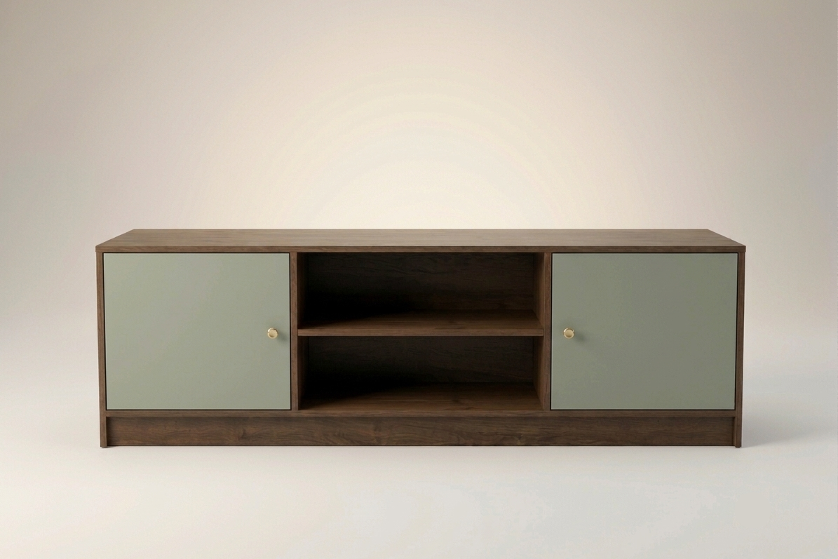A modern media console cabinet with a dark brown wood frame and two matte sage green doors, featuring small brass knobs and an open center shelf.