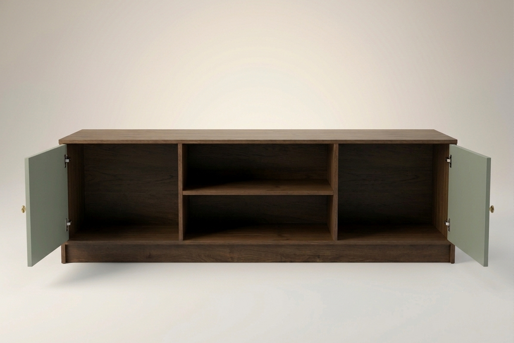 A modern wooden media console with a dark brown finish, featuring two sage green doors swung open to show the interior storage compartments, set against a clean light gray background.