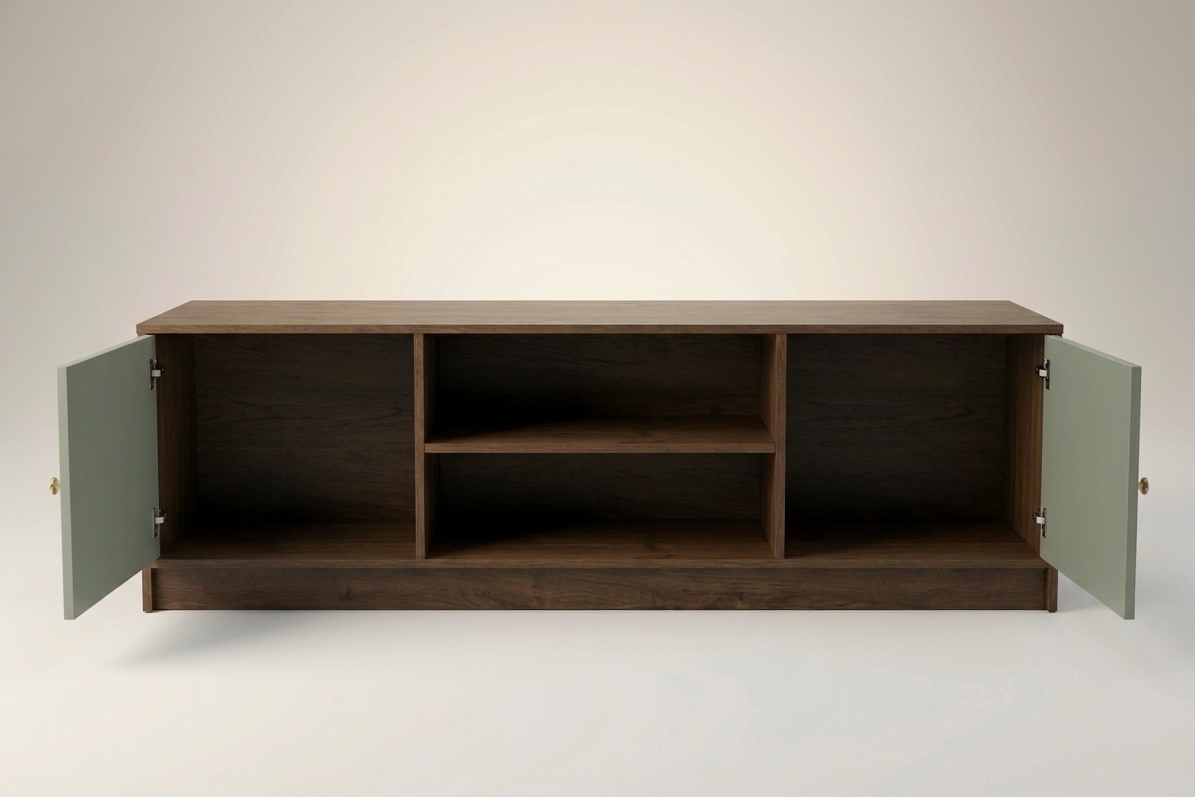 A modern wooden media console with a dark brown finish, featuring two sage green doors swung open to show the interior storage compartments, set against a clean light gray background.