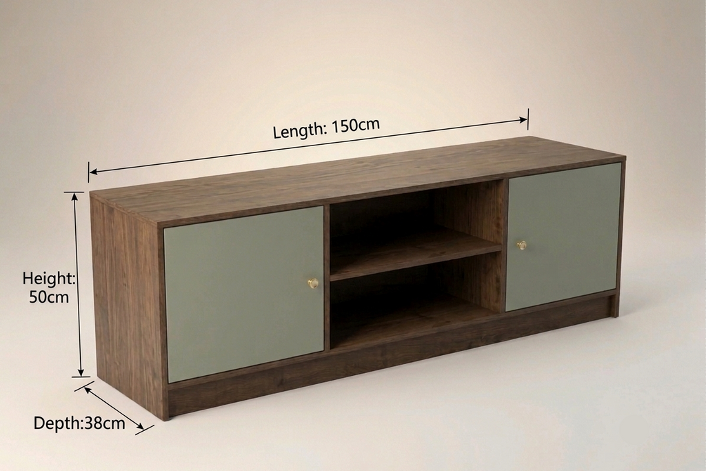A wooden media console or TV stand with two sage green doors and an open center shelf, shown with dimension lines indicating length 150cm, height 50cm, and depth 38cm on a light beige background.