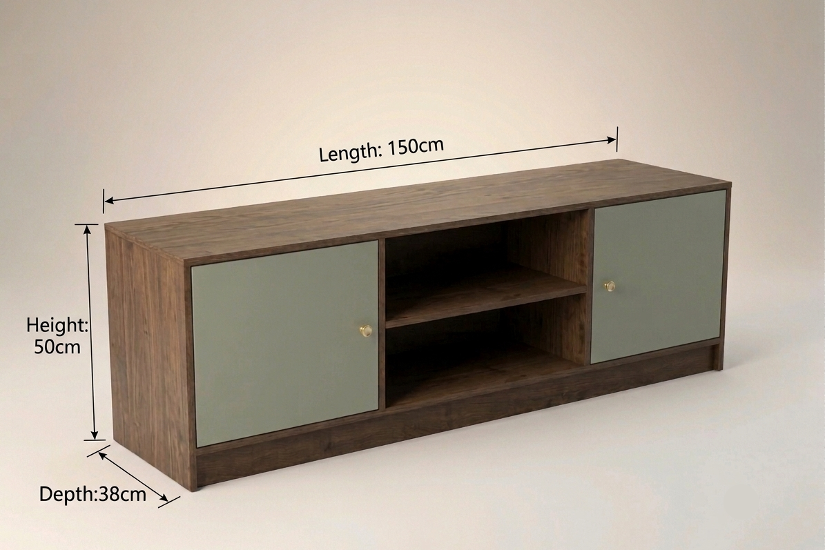 A wooden media console or TV stand with two sage green doors and an open center shelf, shown with dimension lines indicating length 150cm, height 50cm, and depth 38cm on a light beige background.