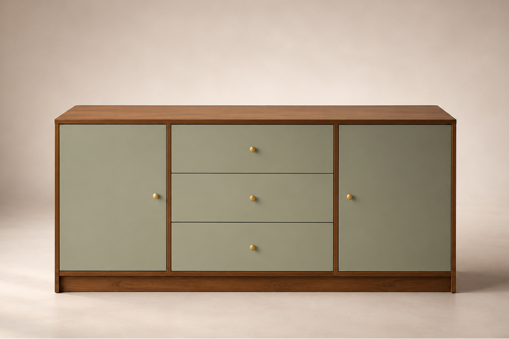 A mid-century modern sideboard cabinet with sage green doors and drawers, a warm brown wood frame, and small brass knobs, set against a neutral beige background.