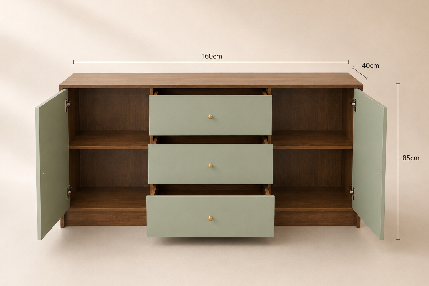 A wooden sideboard cabinet with three sage green drawers and open doors, shown with dimension lines indicating 160cm width, 40cm depth, and 85cm height against a warm beige background.
