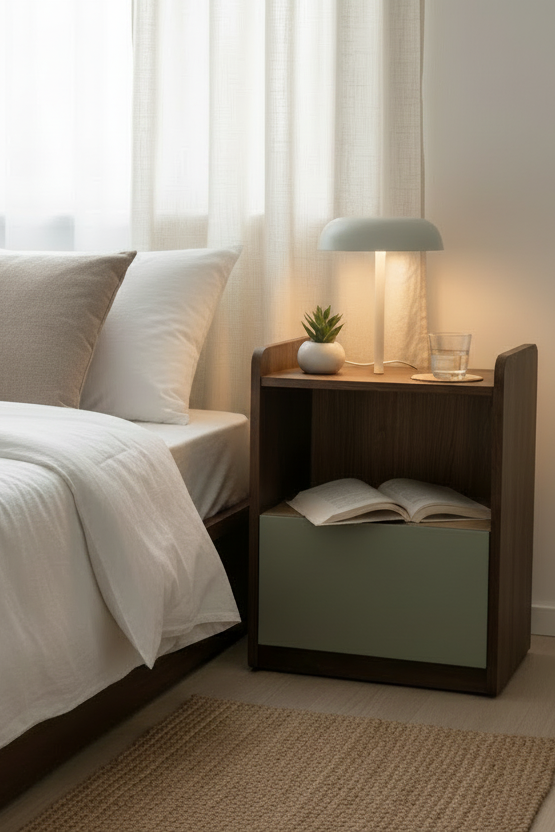 A modern two-tone wooden storage cabinet with a dark brown wood frame, a light natural wood interior shelf, and a muted sage green front panel, shown on a neutral light gray background.