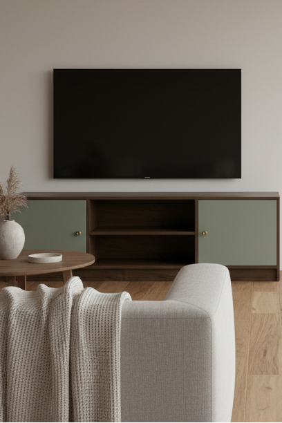 A modern media console cabinet with a dark brown wood frame and two matte sage green doors, featuring small brass knobs and an open center shelf.