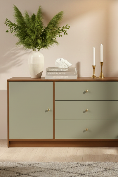 A mid-century modern sideboard cabinet with sage green doors and drawers, a warm brown wood frame, and small brass knobs, set against a neutral beige background.