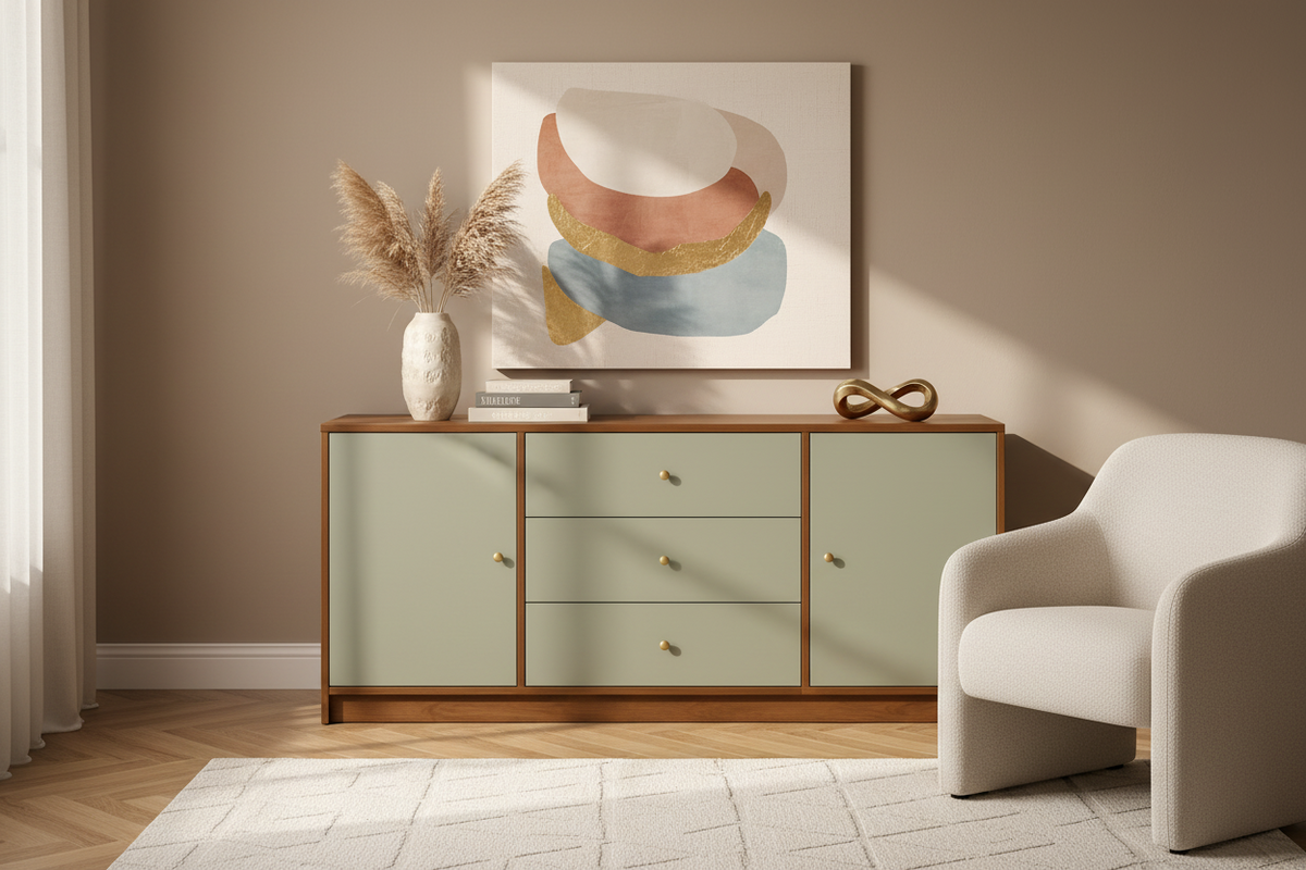 A mid-century modern sideboard cabinet with sage green doors and drawers, a warm brown wood frame, and small brass knobs, set against a neutral beige background.