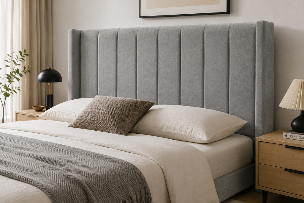 A tall upholstered bed headboard in light gray fabric, shown on a made bed in a styled bedroom with white bedding, a gray throw blanket, wooden nightstands, and lamps.