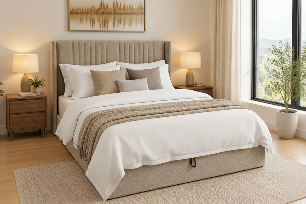 A high-profile mattress on a matching upholstered bed frame, styled in a modern, warm-toned bedroom with wooden nightstands, lamps, and a large window.