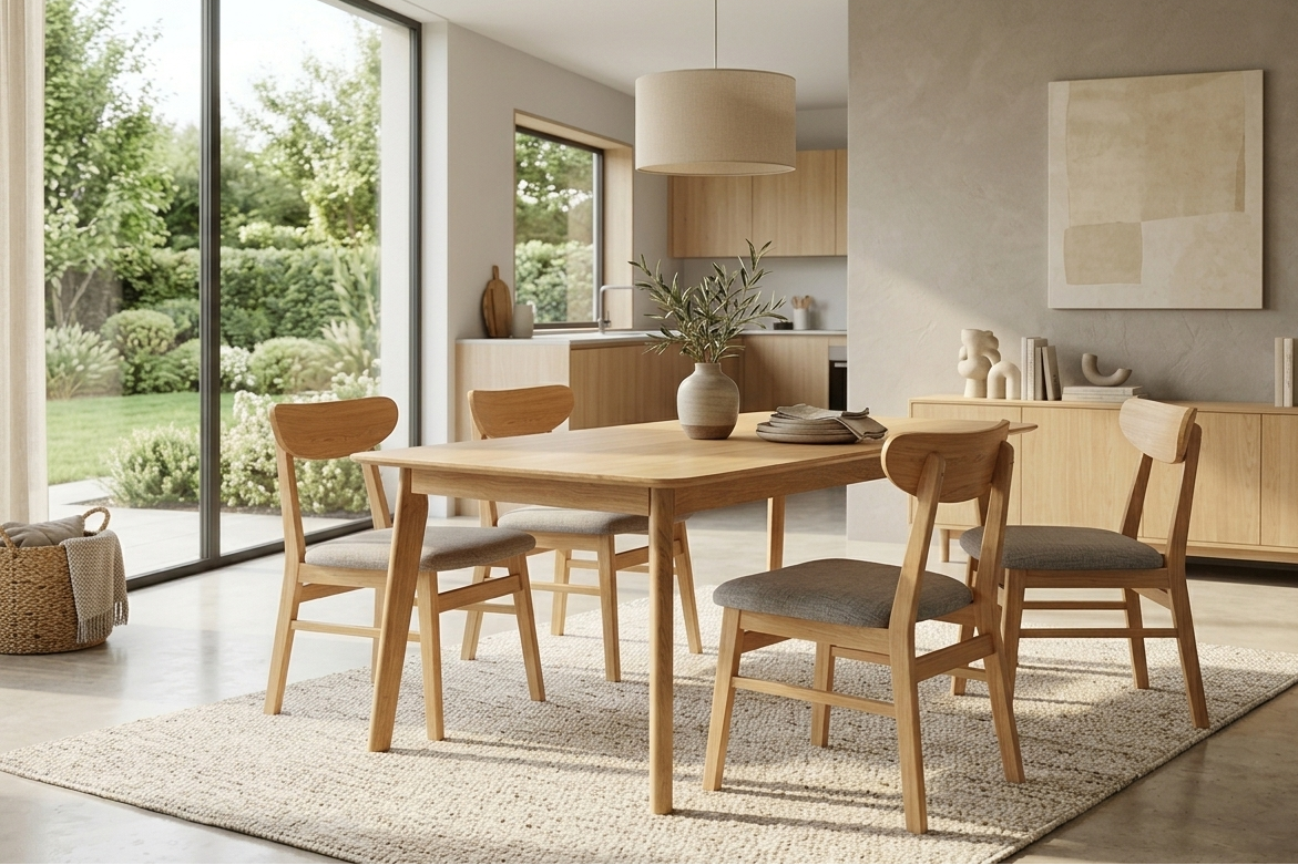 Solid wood dining table in a contemporary dining room setting