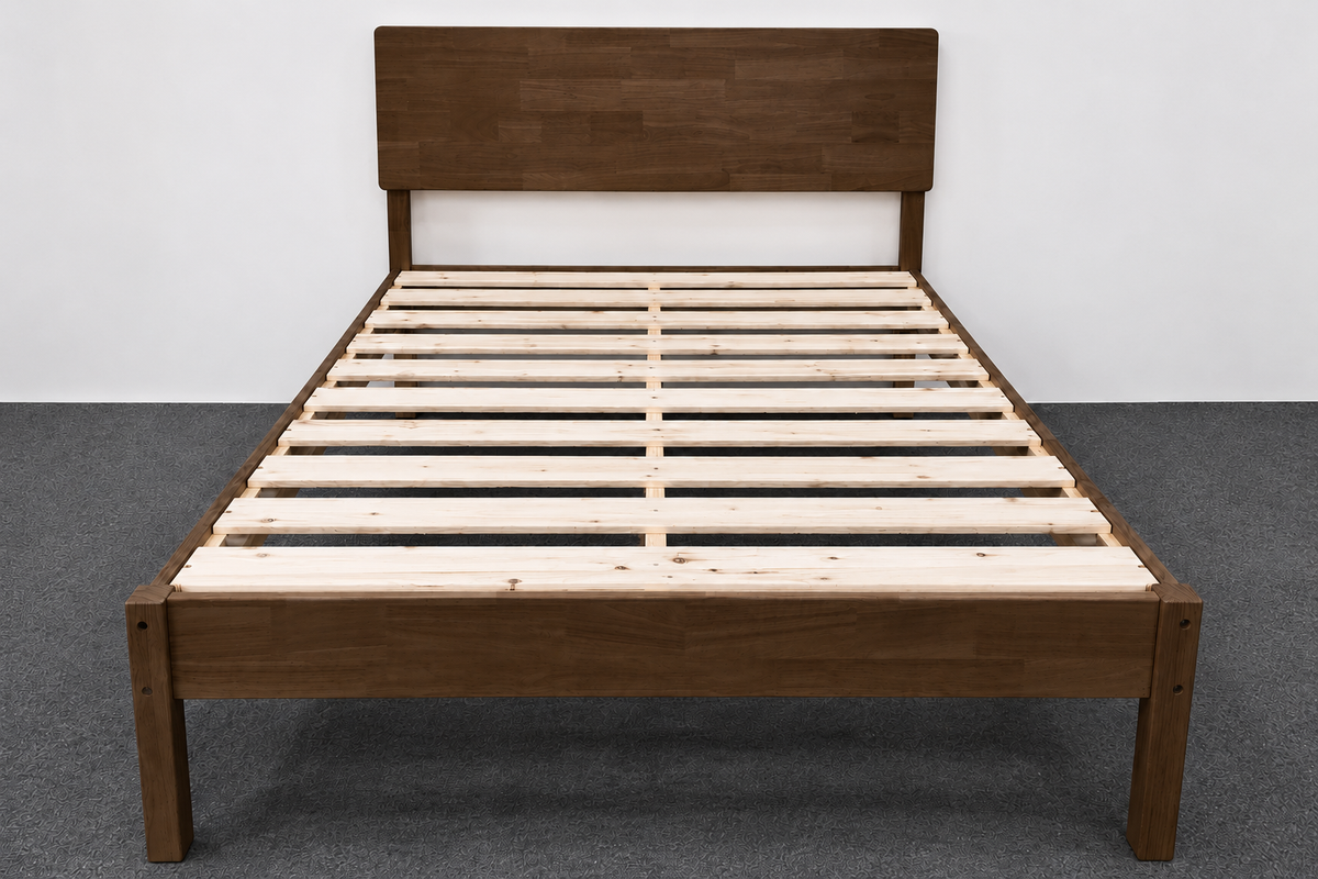 Solid Wood Double Bed Frame - Walnut Color