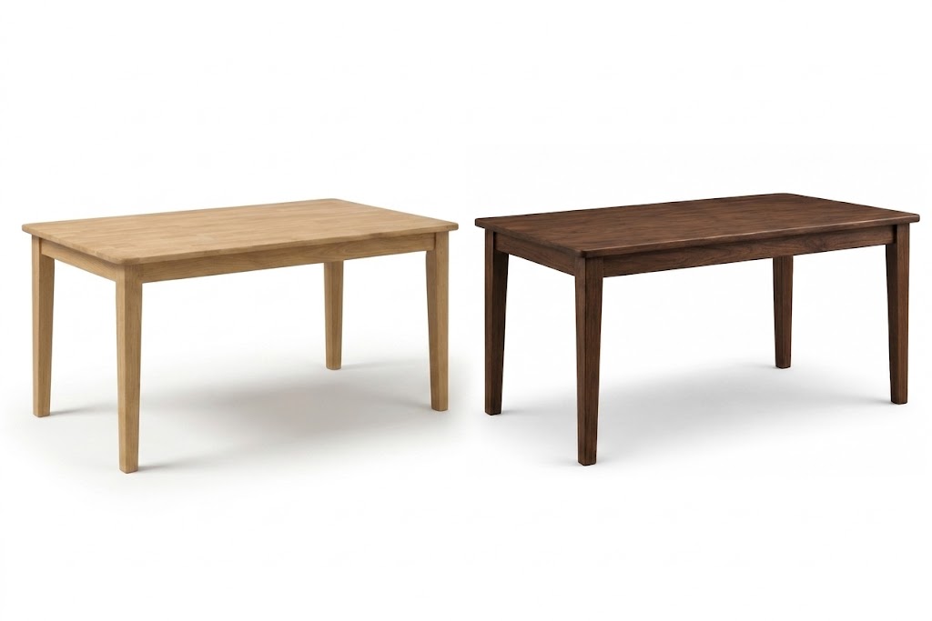 Two wooden tables, one light brown and one dark brown, on a white background.