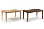 Two wooden tables, one light brown and one dark brown, on a white background.