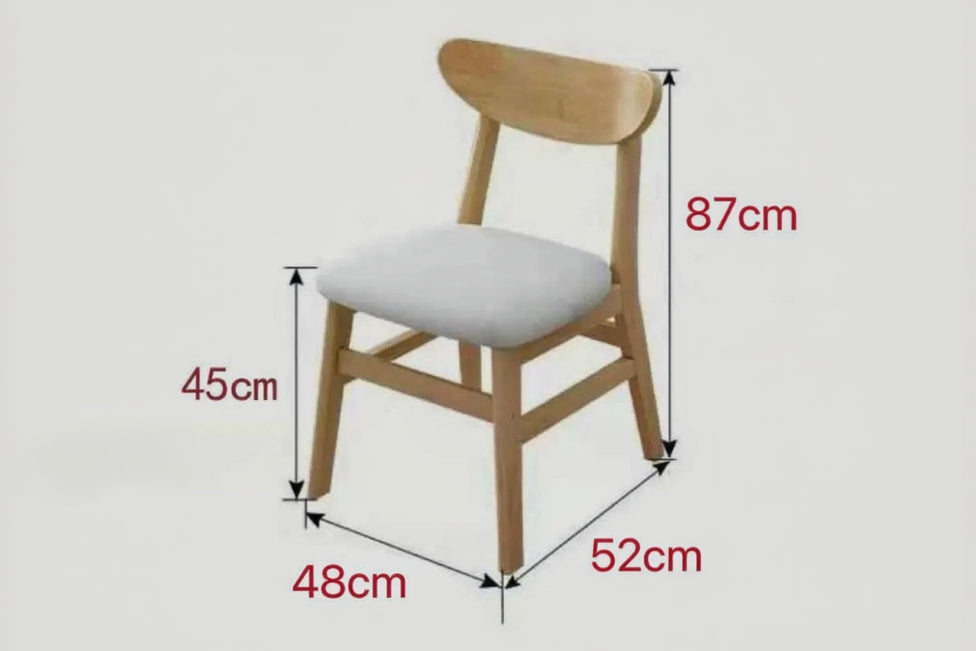 Wooden chair with white cushion and dimensions labeled on a white background