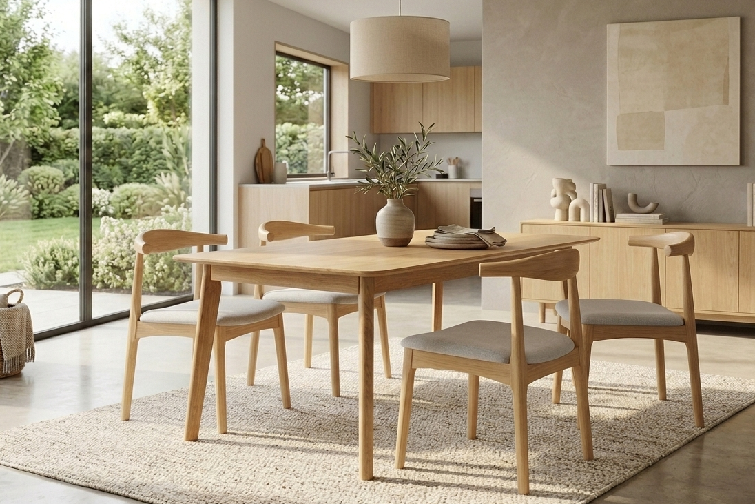 Modern dining room with wooden furniture and large windows.