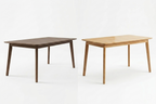 Two wooden tables, one dark brown and one light brown, on a white background