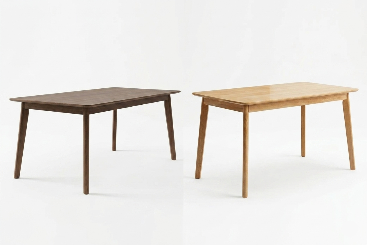 Two wooden tables, one dark brown and one light brown, on a white background