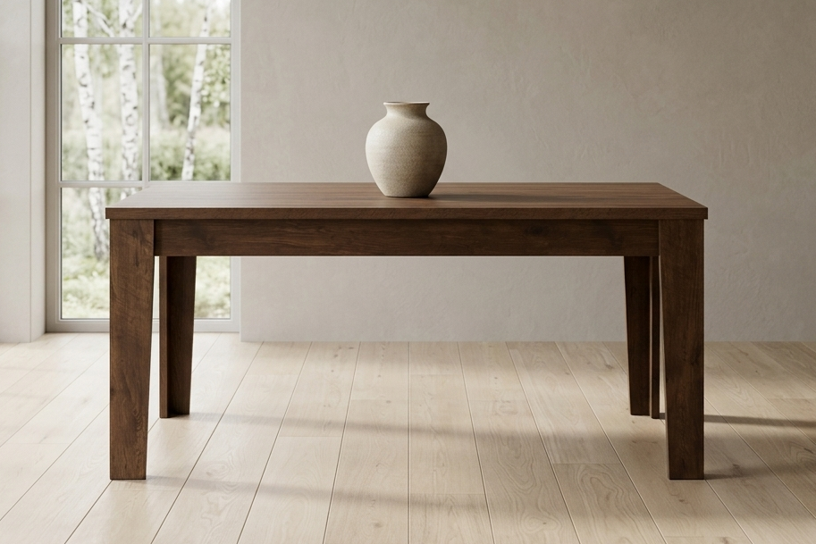 Wooden table with a vase in a minimalistic room with large windows.