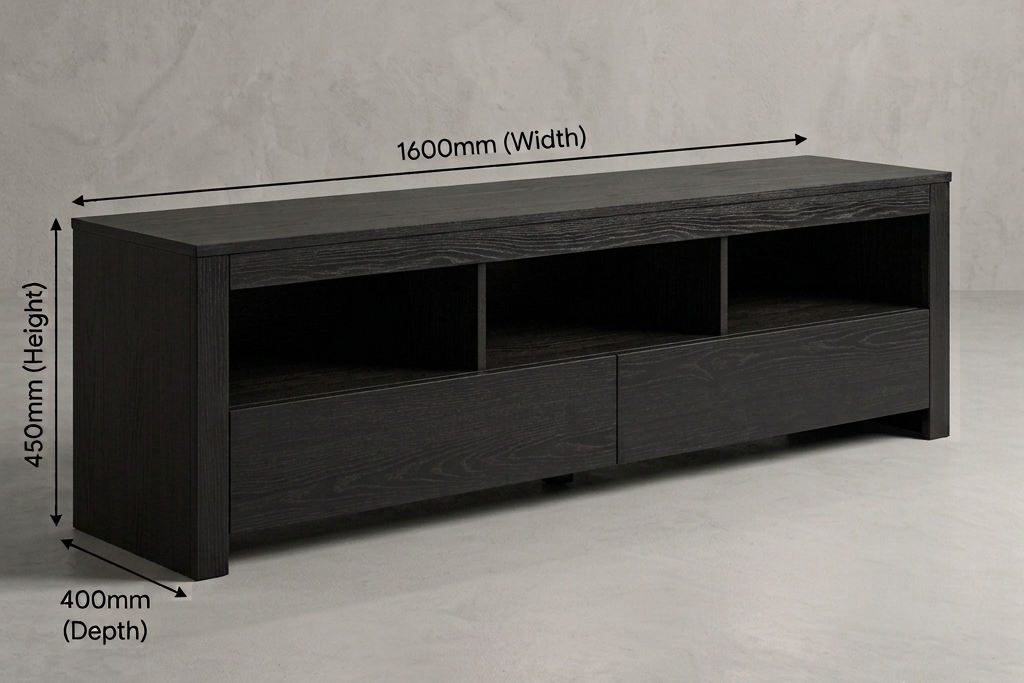 A dark wood media console or TV stand shown in a studio setting with overlaid dimension arrows and text indicating 1600mm width, 450mm height, and 400mm depth.