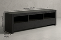 A dark wood media console or TV stand shown in a studio setting with overlaid dimension arrows and text indicating 1600mm width, 450mm height, and 400mm depth.